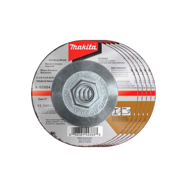 Makita INOX Grinding Wheel, 36 Grit, Type 27, 4-1/2in Dia x 1/4inT x 5/8-11in Cntr Hole Dia-25/Pk A-95984-25 - main
